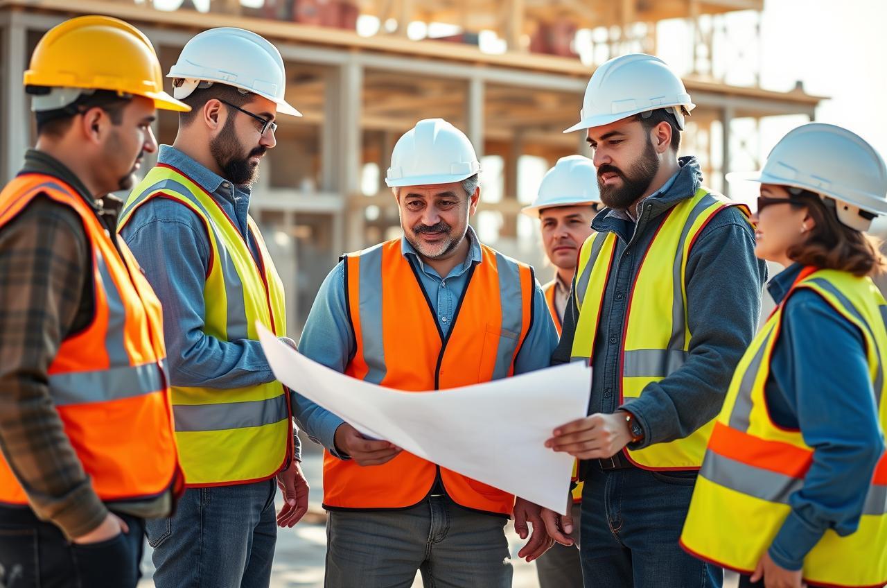 Professional contractors collaborating at a construction site